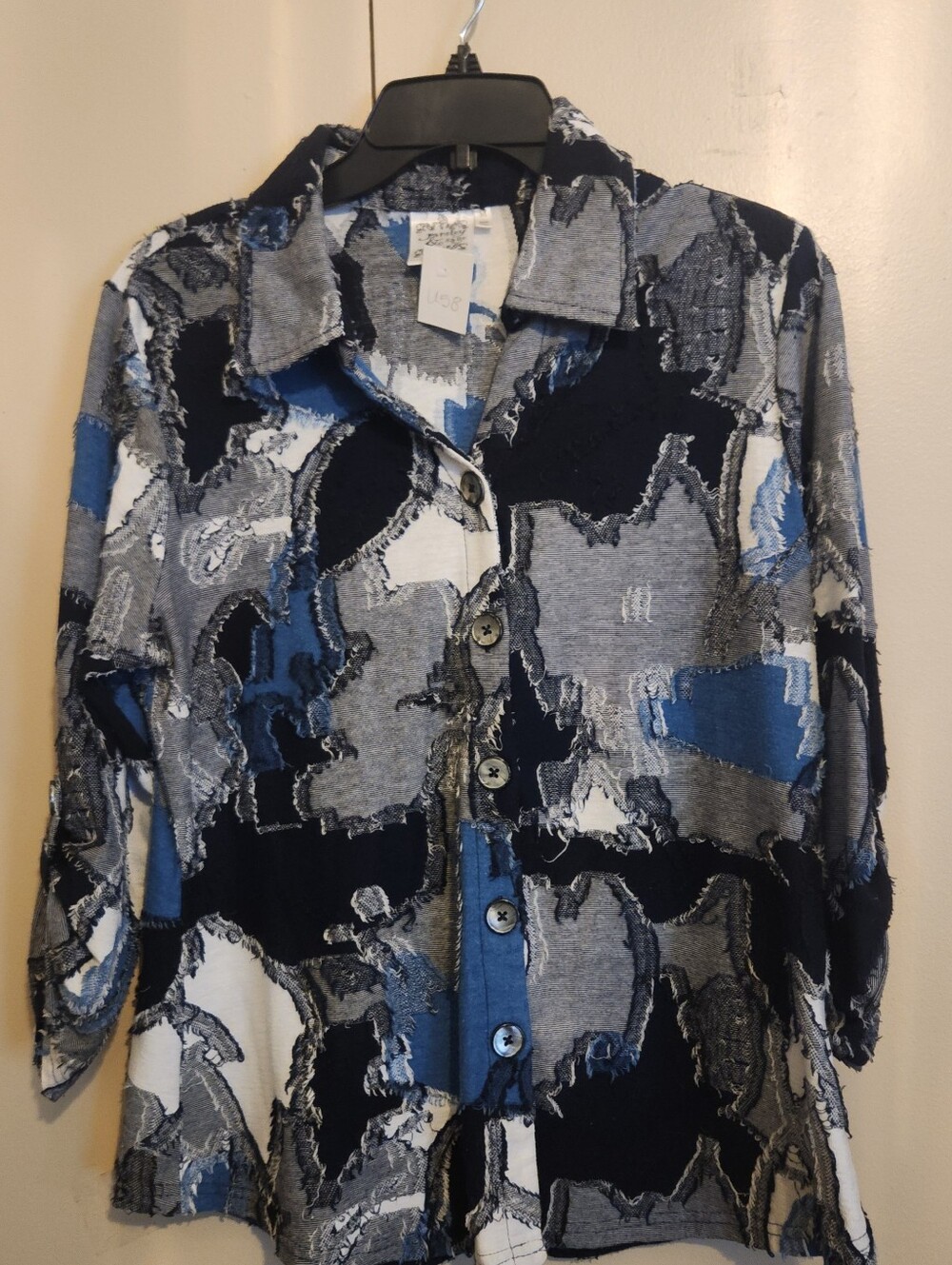 Parsley & Sage Abstract Patchwork Button-Up Top in Black, Gray, Blue, White